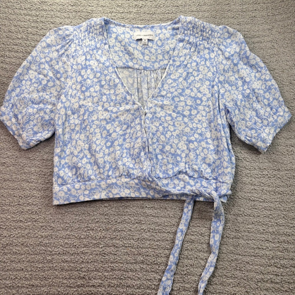 Lost + Wander Floral Wrap Top Blue White XS Boho Cottagecore Coquette Romantic